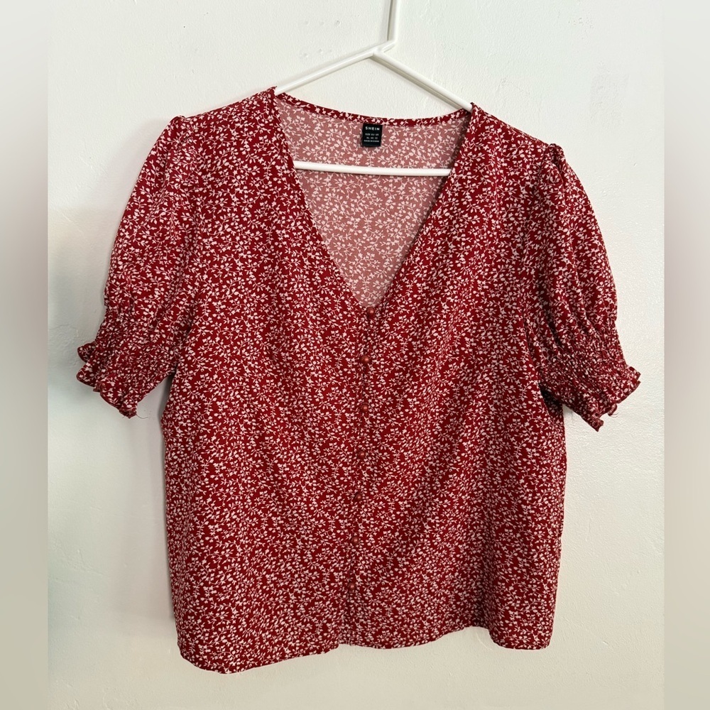 SHEIN Red Floral Button-up Blouse with Puff Sleeves, Size XL